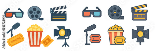 Colorful icons representing film and cinema elements including popcorn, tickets, and cameras for creative projects