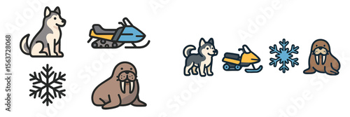 Winter activities featuring playful dogs, snowmobiles, and marine life in a snowy landscape