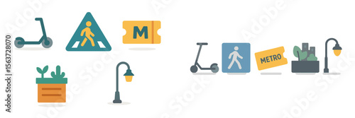 Colorful urban symbols depict transport options and pedestrian safety in a vibrant city environment