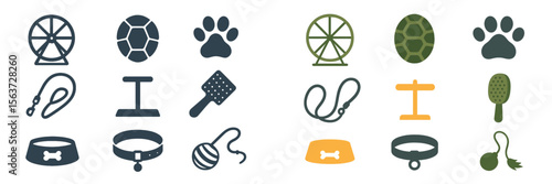 Pet supplies featuring toys, accessories, and habitat items arranged in an organized grid with varied colors and designs