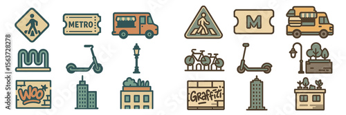 Urban transportation and street art icons highlight city mobility and creativity
