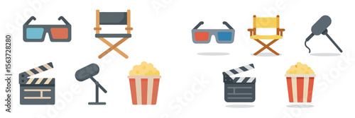 Movie production elements like 3D glasses, director chairs, and popcorn arranged neatly on a white background