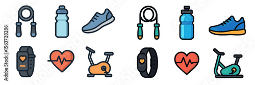 Fitness equipment and accessories including shoes, water bottles, and workout devices arranged on a flat surface