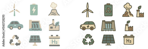 Renewable energy symbols showcase diverse sources and technologies for sustainable power generation