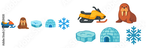 Winter activities include snowmobile rides, walrus encounters, and igloo building in a cold landscape covered with snowflakes