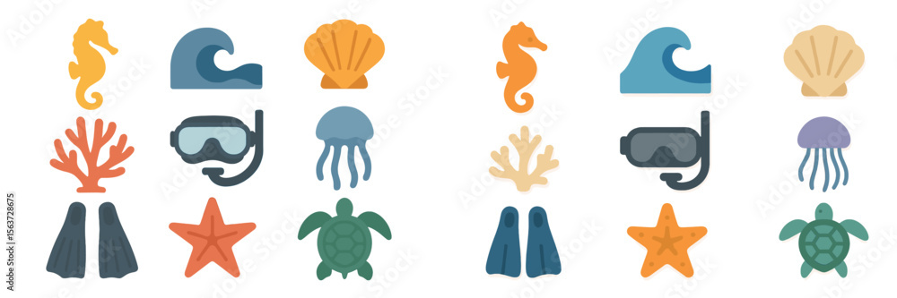 Obraz premium Colorful marine life and diving elements depicted in playful design suitable for educational materials