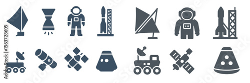 Various icons depicting space exploration activities including astronauts, rockets, and satellites in a minimalist design