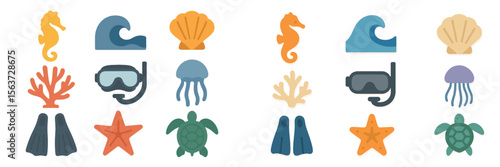 Colorful marine life and diving elements depicted in playful design suitable for educational materials