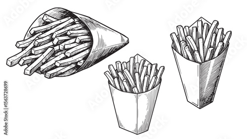 Engraved illustration of French fries in paper cone in bold black and white vintage style