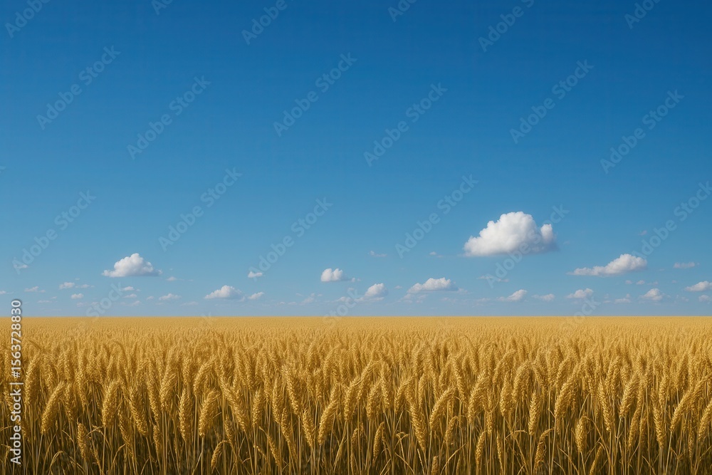Naklejka premium A field of ripe wheat under a blue sky with clouds