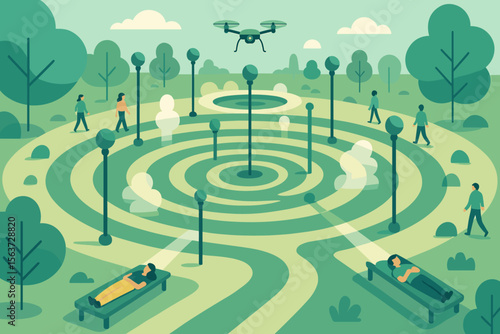 A modern park with a calming labyrinth design, echo-powered community poles, and drone-supported rest beams that promote relaxation and well-being in an outdoor setting.