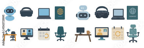 Icons representing modern technology and remote work environments in various forms including virtual reality and digital communication