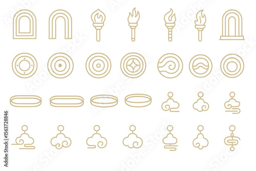 Glowing mystical icon set with torches, portals, tokens, and energy forms