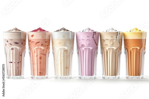 high quality picture of Set of glasses with delicious protein shakes on white background