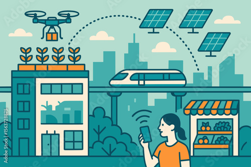 Illustration of futuristic urban living with drone delivery, solar panels, and smart shopping.