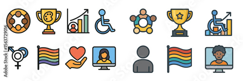 Diverse symbols representing inclusivity and achievement in various fields focused on social issues and community