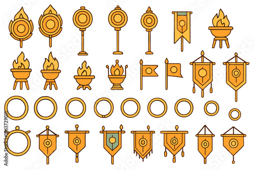 Set of 30 vector icons featuring ceremonial elements like fire bowls, flags, banners, and rings with symbolic circular designs.