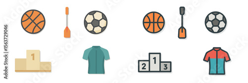 Various sport icons featuring basketball, soccer, paddles, and podiums for athletic competitions