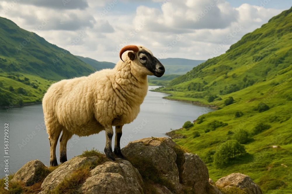 Fototapeta premium A sheep standing on top of a rock next to a body of water