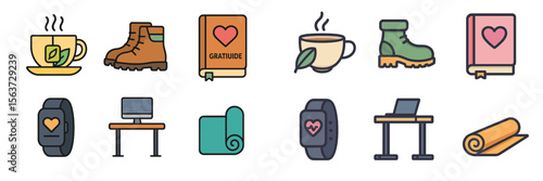 Icons depicting self-care activities and routines for well-being and mindfulness in daily life