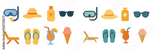 Summer vacation essentials for a fun beach day by the sea including sun protection, refreshments, and accessories
