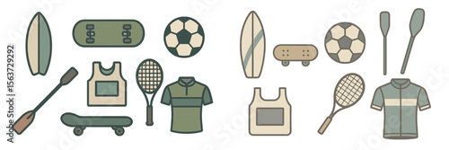 Collection of sports equipment including surfboards, soccer balls, and tennis gear displayed on a flat surface