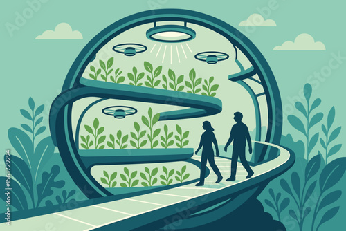 Futuristic greenhouse with spiral walkway, smart drones, and lush plants