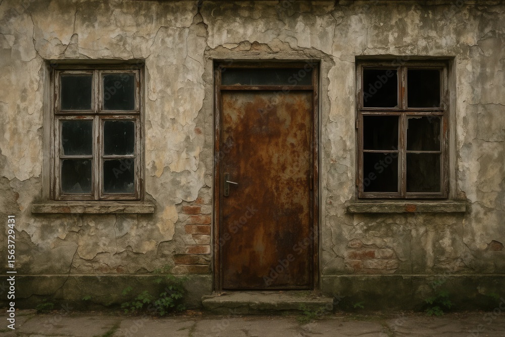 Fototapeta premium An old building with two windows and a rusty door