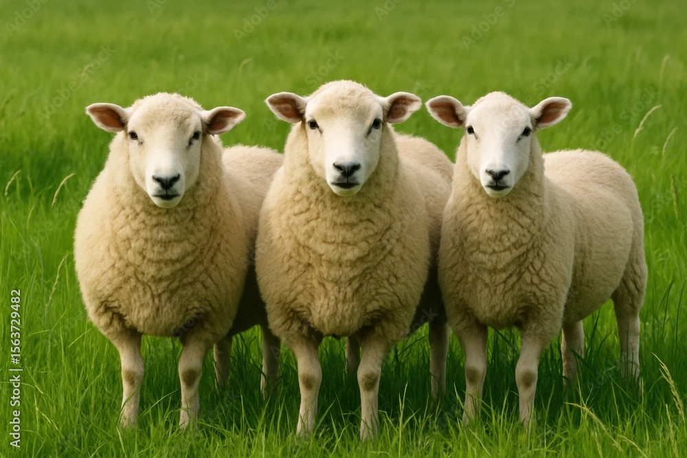 Three sheep standing in a grassy field looking at the camera Three sheep standing in a grassy field looking at the camera