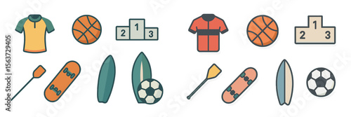 Sports equipment and apparel arranged with trophies illustrating various athletic activities in a vibrant, colorful design