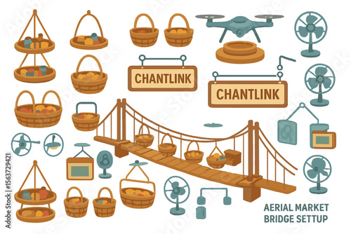 Illustration of an aerial market with floating baskets, drones, and a bridge setup.