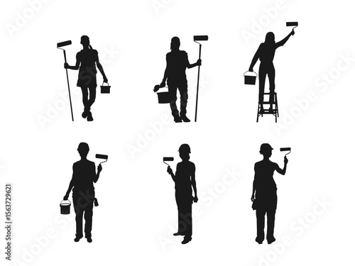 Silhouette of a mature woman painting a wall using a ladder. Silhouettes of painters working, showcasing various painting positions. painter silhouette on a white background.