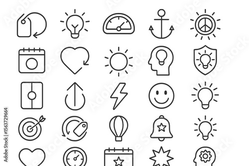 Thin line mood and motivation icons with lightbulbs, hearts, and goals