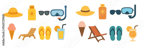 Summer beach essentials including hats, sunglasses, and refreshing treats for a fun day in the sun