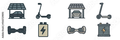 Electric vehicles and sustainable energy solutions showcased with charging options and storage facilities in urban environment