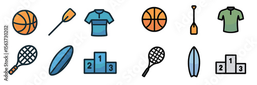 Sports equipment and apparel arranged in a playful design showcasing various athletic activities and competitions