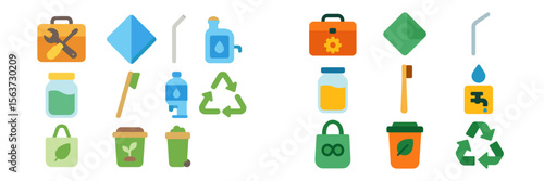 Icons representing sustainable living and eco-friendly practices for everyday life in an organized layout