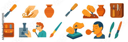 Artisan tools and crafts in a creative workspace showcasing pottery, sculpting, and painting activities