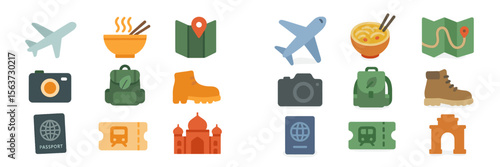 Travel icons representing adventure, cuisine, and exploring new destinations through maps and travel essentials