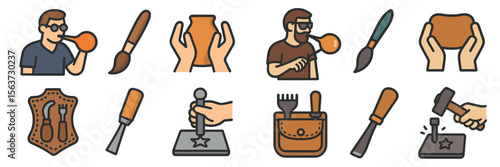 Various craft activities in a creative workshop setting showcasing skills in pottery, sculpting, and leatherwork