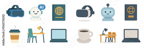 Virtual technology and workspace symbols represent modern digital lifestyle and AI integration in daily activities