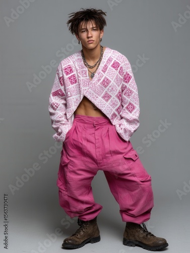 Androgynous Person with Dreadlocks in Urban Fashion Outfit Posing Against Gray Background