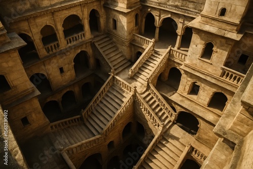 A view of the inside of an old building with stairs