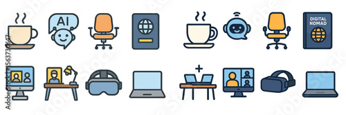 Digital tools for remote work and modern lifestyle with elements like coffee cups and virtual reality gear