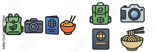 Travel essentials for an adventurous journey including backpack, camera, and local cuisine elements