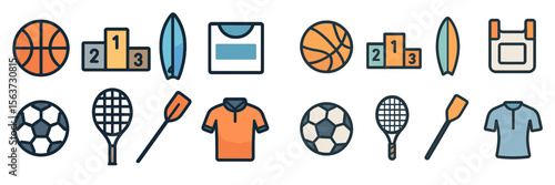 Sports equipment and activity icons representing various games and athletic apparel in a colorful design layout