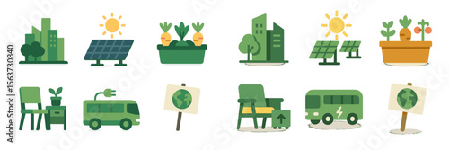Green city lifestyle with renewable energy, urban gardening, and eco-friendly transportation options