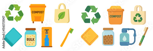 Illustrations showcasing eco-friendly practices for waste management, recycling, and composting in a colorful and engaging design