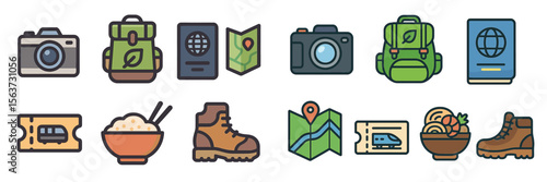Travel essentials for adventure seekers including bags, cameras, maps, and food options