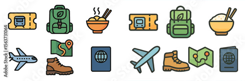 Travel essentials for an adventurous journey including tickets, food, backpacks, and maps in a vibrant design